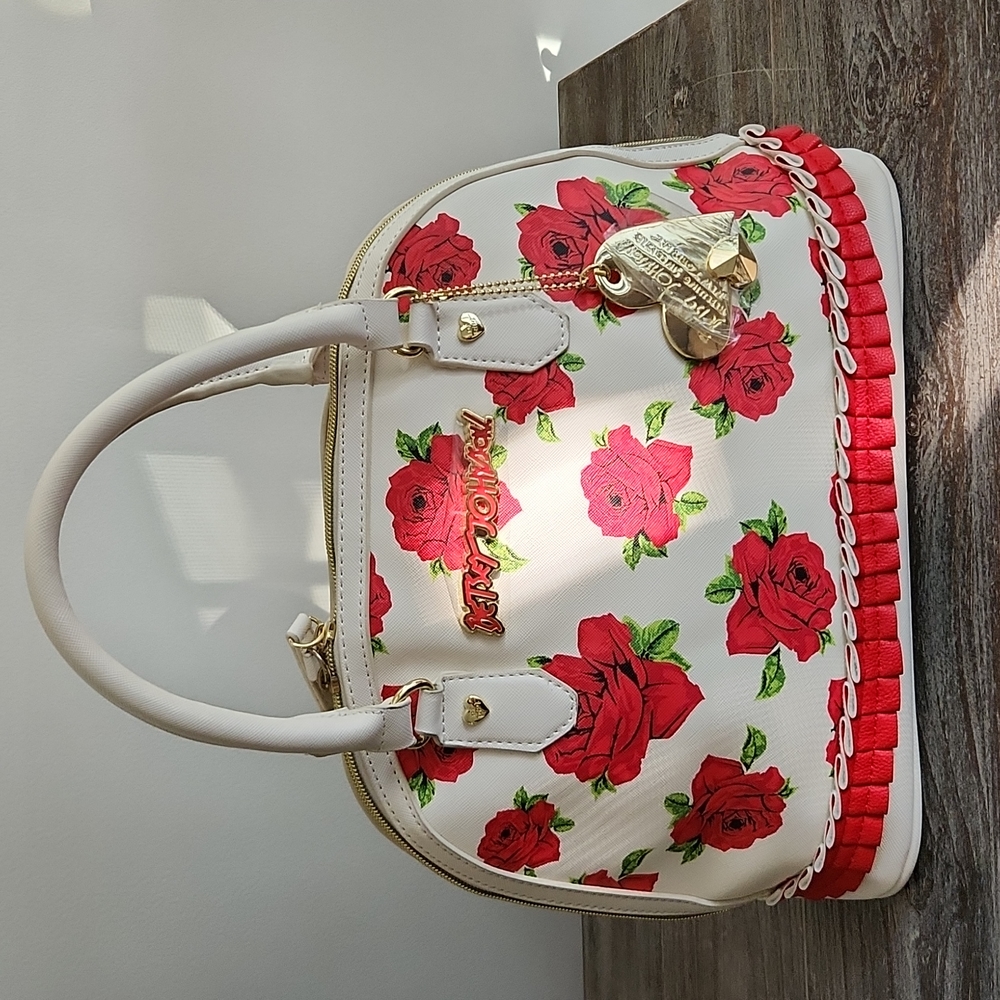 Betsey Johnson Rose Print White Dome Satchel